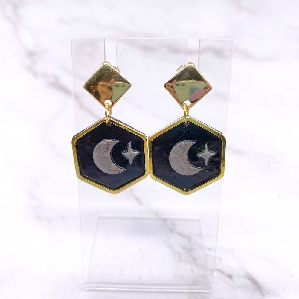 Black Holographic Celestial Crescent Moon Dangle Stud Earrings - Picture 5 of 15